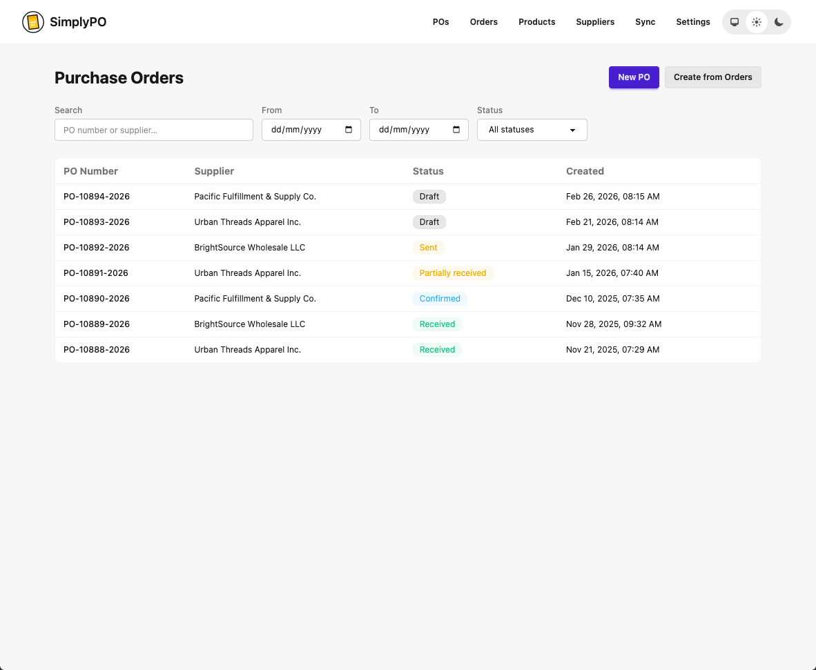 SimplyPO — Purchase Orders dashboard